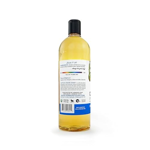 Vermont Castile Unscented Gentle Liquid Soap for Sensitive Skin, Natural Body Wash, Organic Hair Shampoo for Oily Hair, Aloe for Men & Women - 33.8 Oz