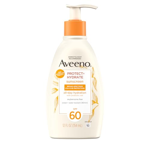 Aveeno Protect + Hydrate Sunscreen Moisturizing Lotion with Prebiotic Oat, Broad Spectrum SPF60, Paraben, & Oil Free, Weightless, Water & Sweat Resistant (80-min) for Sensitive Skin, 12 Fl Oz