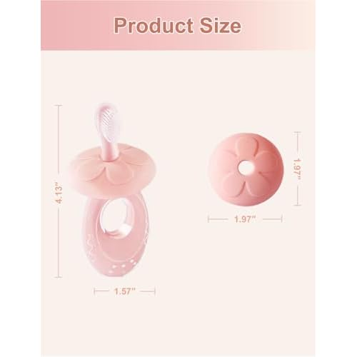 Baby Toothbrush & Teether for Infant and Toddler, Silicone Baby Oral and Tongue Cleaner, Ultra Soft Infant Training Toothbrush with Travel Case, Adjustable Safety Shield - Pink