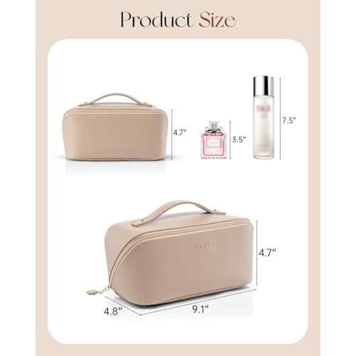 Vlando Makeup Bag,Large Capacity Travel Toiletry Bag,Cosmetic Bags for Women PU Leather Waterproof Portable Pouch with Divider & Handle-Toffee