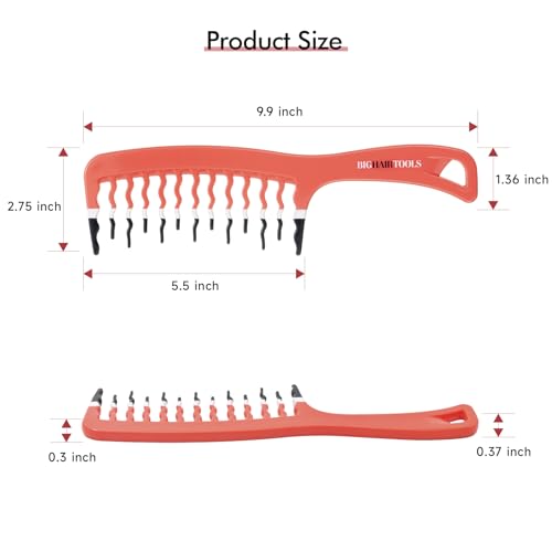 Big Hair Tools Extra Large Wide Tooth Comb for Thick, Curly, Wavy or Long Hair - Frizz-Free Detangling Shower Comb - Orange