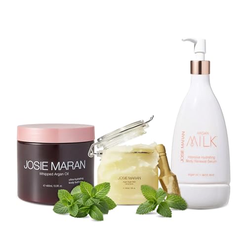 Josie Maran Let¡¯s Do the Peppermint Twist Body Skin Care Set - Includes Argan Oil Whipped Body Butter, Sugar Body Scrub & Argan Milk Intensive Hydrating Body Renewal Serum (3 Pieces)
