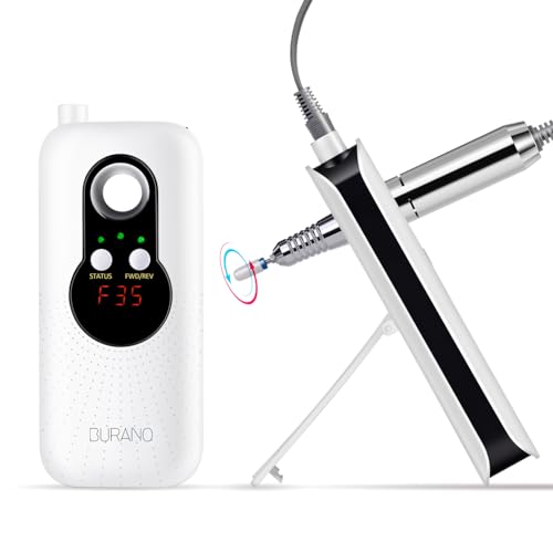 BURANO Rechargeable 35000RPM Electric Nail Drill, Portable E File for Acrylic Nails, 10 Hours Long Life Battery Nail Drill for Acrylic Nails , High Speed Cordless for Professional Use
