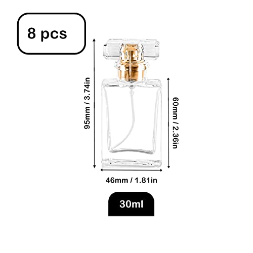 Glass Perfume Bottle Empty Refillable 8Pack Clear Travel Perfume Spray Atomizer Bottle 30ml Perfume Fine Mist Spray Bottle Perfume Bottle Atomizer Container with Spray Applicator (30ml Square, Clear