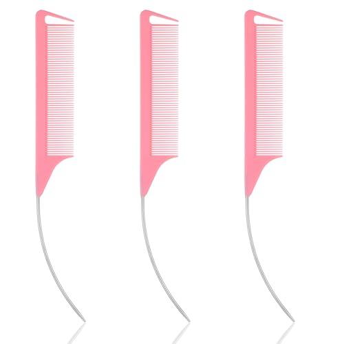 3 Pcs Rat Tail Combs, Mabor C Curved Parting Rat Combs Teasing Fine Tooth Comb with Bend Steel Needle Carbon Fiber Pin Tail Comb for Hair Styling Tools Hair Comb for Parting Women Barber
