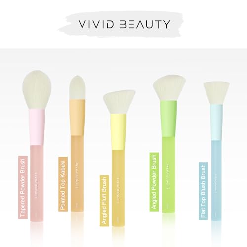 5pcs Multi Color Face Makeup Brush set ? Powder, Kabuki, Angled Fluff, Blush Brushes with Vegan Bristles That Mimic Natural Wool ? Non-Slip Rubber Handles ? Perfect for Contouring, Setting, Blending
