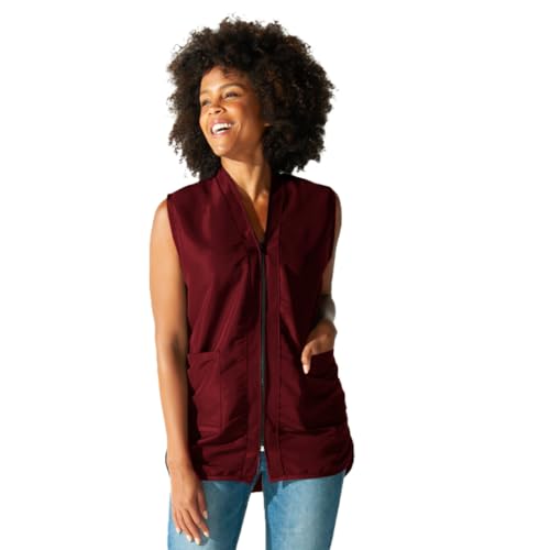 Betty Dain Professional Zip Front Salon Stylist Vest, V-Neck, Iridescent Fabric, Adjustable Belt, Two Lower Pockets with Zippered Bottoms, Lightweight, Machine Washable Nylon, Burgundy, XL