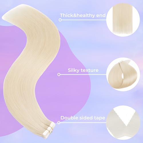 Tape in Hair Extensions Human Hair Utra Thin Invisible Seamless 20pcs 50g (Platinum Blonde, 22 inch)