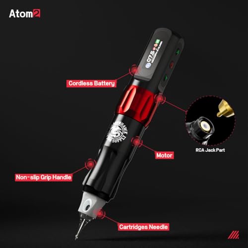 Dragonhawk Atom2 Cordless Tattoo Gun Kit - Lightweight & Silent Rotary Tattoo Machine Gun 20 Cartridge Needles 2 Batteries Multiple Modes Complete Tattoo Kit for Beginners