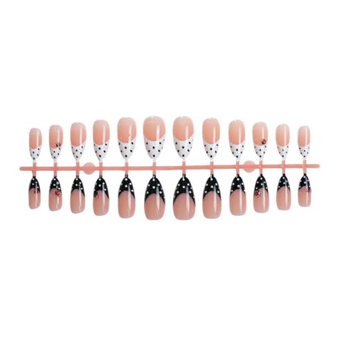 Polka Dot Press on Nails Medium Almond Nails Press on with Insects Bugs Design Glossy Black White French Tips Glue on Nails Reusable Full Cover Dots Nail Fall Winter Fake Nail for Women Manicure 24Pcs