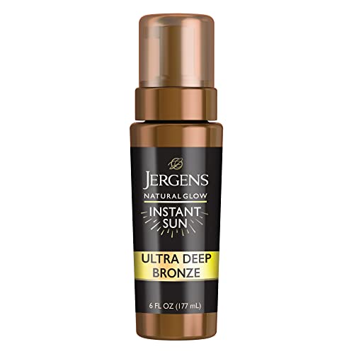 Jergens Natural Glow Instant Sun Body Mousse, Self Tanner for Ultra Deep Bronze Tan, Sunless Tanning Body Bronzer, Natural Looking Fake Tan, 6 Oz