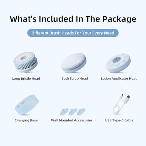 Electric Body Brush Back Scrubber for Shower, Waterproof Long Dual Handle Power Body Scrubber with 3 Heads, Rechargeable Bath Brush & 2 Speeds, for Cleansing, Exfoliating and Massaging Skin