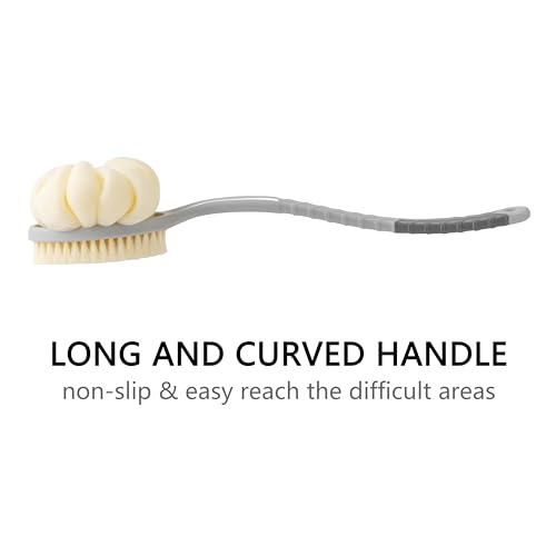 Shower Body Brush with Bristles and Large Pumpkin Loofah,Back Scrubber Bath Mesh Sponge with Anti-Slip Curved Long Handle for Skin Exfoliating,Massage Bristles for Wet or Dry,Men Women (Grey)