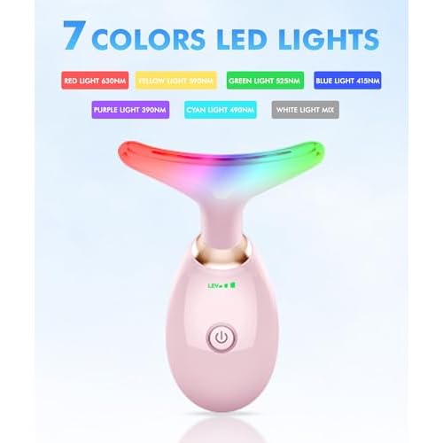 Red-Light-Therapy-for-Face-and-Neck, 7 Color Face Massager Tool for Wrinkles, Double Chin, Vibrating Facial Massager with Thermals for Skin Care, Glossy Pink
