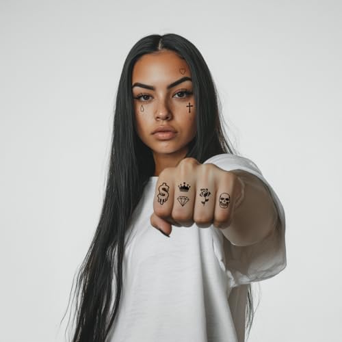 Los Vatos Finger and Face Temporary Tattoos - Chicano Cholo Chola Finger Tattoos For Men and Women. Small Cross, teardrop, Gangsta Tears, Thug Prison Fake Tattoos for Halloween, Tatuajes Temporales
