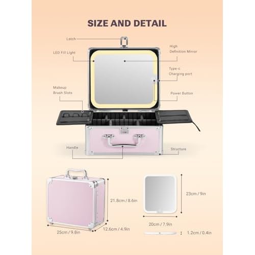 Qislee Makeup Box with A Detachable Lighted Mirror, Waterproof Travel Train Case, Cosmetic Organizer and Makeup Suitcase with Adjustable Dividers, Magnetic LED Mirror(Icy Pink)