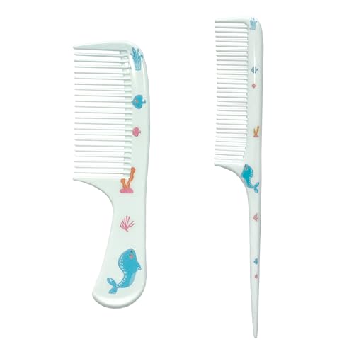Small Cute Hair Comb,2 Piece Mini Hair Comb Set Toddler Combs Set for Girls Boys Kids Fine Tooth Rat Tail Comb Portable Plastic Hairdressing Combs Gift For Wet And Dry Hair (Blue Whale)