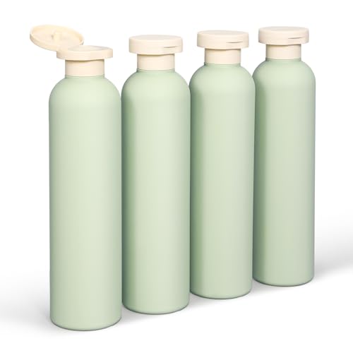 DEMORA 8.8oz Large Travel Bottles for Toiletries, Leak Proof Plastic Travel Squeeze Bottles Refillable Toiletry Containers with Flip Caps and Labels for Shampoo Conditioner Body Wash (Green, 4 Pcs)