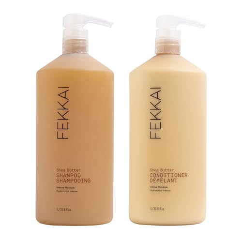 FEKKAI Shea Butter Shampoo (1 Liter) + Conditioner (1 Liter) - Improves Moisture, Softness & Shine - Reduces Frizz by 61% Up to 12H - Free of Sulfates, Parabens, Phthalates - Vegan, Cruelty-Free