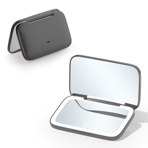 Mini Travel Makeup Mirror with Light ? Dual-Sided 5X/1X Magnification, Auto On/Off LED Lights, 180¡Æ Foldable Design, Portable Cosmetic Mirror for Handbag Small Make up Mirror - Black
