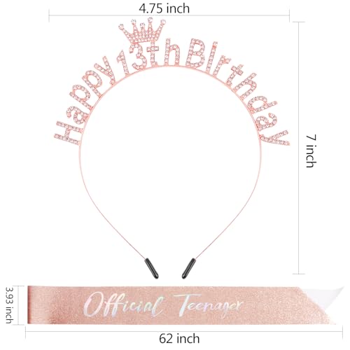 13th Birthday Decorations for Girls Official Teenager Sash 13 Year Old Tiara Crown Headbands Thirteen Hair Band Happy 13th Birthday Gifts for Girls Rose Gold