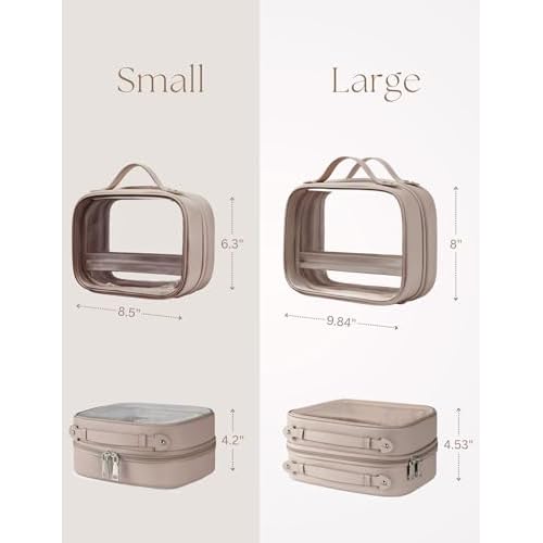 Clear Cosmetic Bag Double Layer Travel Toiletry Bag Clear Makeup Bag Case with 4 Compartments, Transparent Travel Bag for Toiletries, Large Toiletry Bag for Women Cosmetic Case (Taupe, Large)