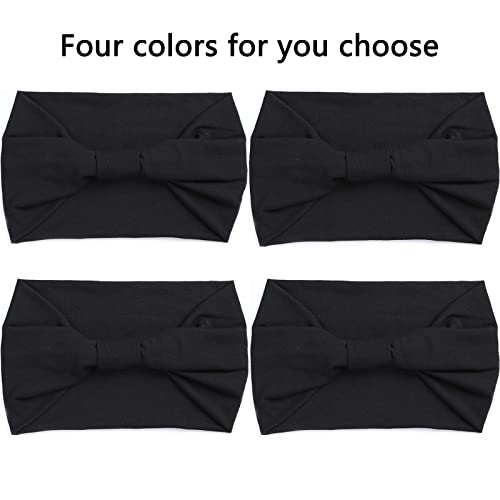 XTREND 4 Packs Wide Headbands Fashion Bandana Bohemian Style Elastic Knotted Non-Slip Headband Black Women Outdoor Sports Yoga Sweat Absorbent Solid Color Hair Accessories (Black Series)
