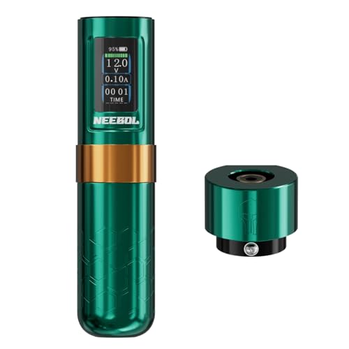 NEEBOL Wireless Tattoo Gun Rotary Tattoo Machine LED Display Screen High-end Tattoo Pen Equipment Supply 8 Hour Battery Life Extra Battery Permanent Tattoo Art Makeup Gift (Green)