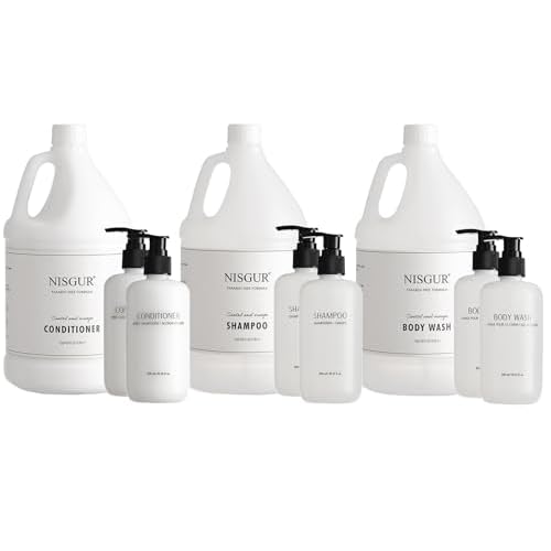 Gallon Shampoo Conditioner and Body Wash Refillable Set with 10.14 oz Matching Pump Bottles 9Pcs Large Capacity Hotel Supplies and Toiletries