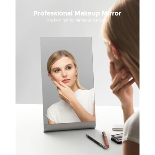 Frameless Makeup Mirror for Desk, 15 Inch Aluminum Standing Table Mirror, Large Counter Top Mirror