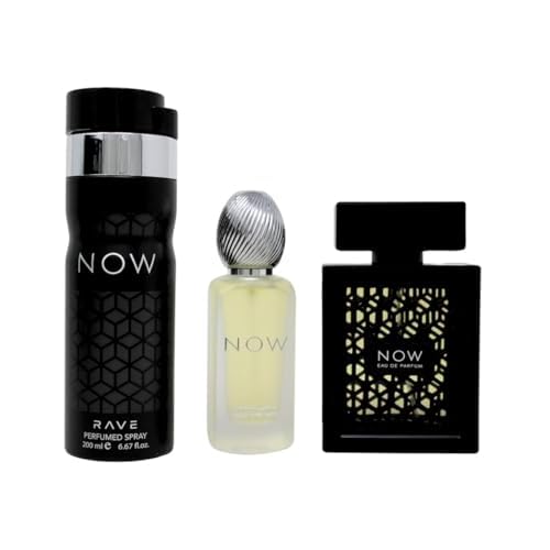 Lattafa Rave Now for Men 3 Piece Set (3.4 Oz Eau de Parfum Spray + 1.7 Oz Hair Mist + 6.7 Oz Deodorant Spray)