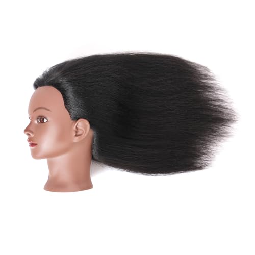 Mannequin Head with 100% Real Hair, 14" Cosmetology Mannequin Manikin Training Practice Doll Head for Hairdresser Braiding Hair Styling Hairdressing and Clamp Holder- Black