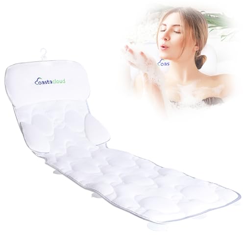 Coastacloud Full Body Bath Pillow for Bathtub, Luxury Bathtub Pillow with Suction Cups, 4D Breathable Mesh Spa Cushion for Headrest, Neck and Back Support, Quick Drying Polyester, White, 49" x 16"