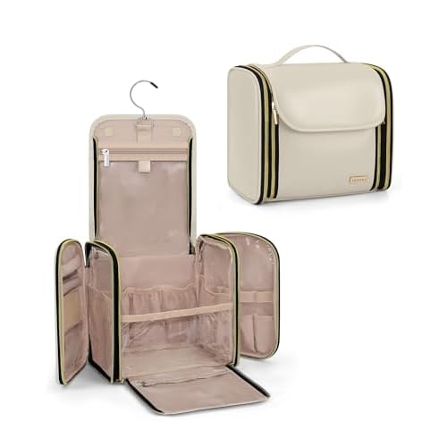Hanging Toiletry Bag, PU Leather Makeup Bag Large Capacity with Jewelry Organizer for Brushes Set, Cosmetic Accessories, Beige