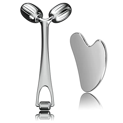 Yeamon Gua Sha Facial Tools and Face Roller Set, Facial Massage Tool for Women¡¯s Skincare Routine,Cooling Stainless Steel Face Sculpting Eyes Roller Guasha for Daily Use or Self-Care Gift for Women