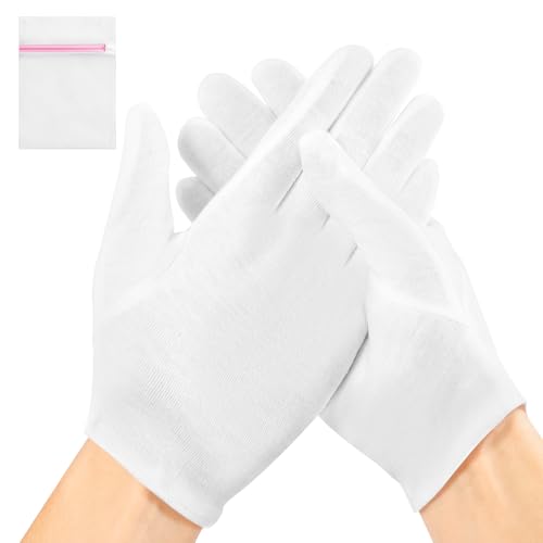 AIRSEE 2 Pairs White Cotton Gloves with Laundry Bag, Overnight Moisturizing SPA for Dry Hands and Eczema, Work Glove, Stretchy Fit for Men and Women, Regular M