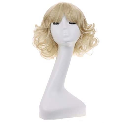 MAGQOO Light Blonde Wig with Bangs Women Girls Short Curly Wavy Light Blonde Hair Wigs Halloween Cosplay Costume Party Wig(12", Light Blonde)
