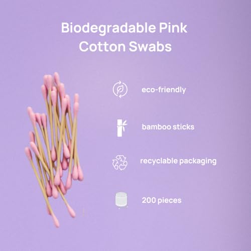 Mei Apothecary Premium Biodegradable Bamboo Cotton Swabs, Double-Tip Makeup Remover & Multi-Use Pink Cotton Buds, Pack of Multiple Pieces