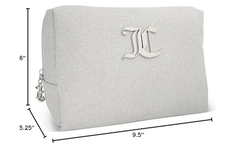 Juicy Couture Silver Makeup Bag Cosmetics Organizer Travel Essentials Zip Top Wedge Glitter