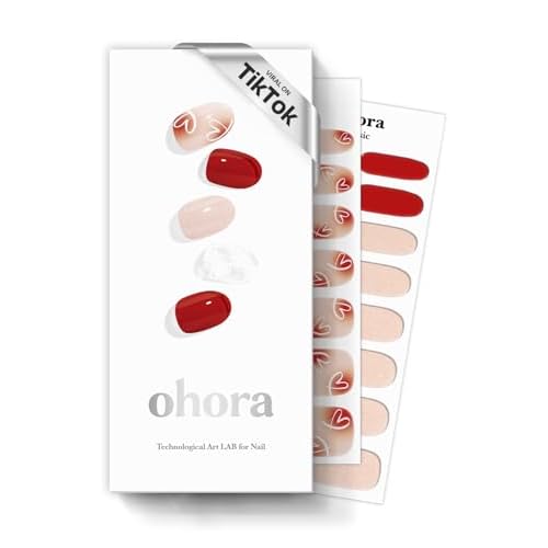 ohora Semi Cured Gel Nail Strips (N Love-Sign) - Red, Patterned, Works with Any UV/LED Lamps, Salon-Quality, Long Lasting, Easy to Apply & Remove - Includes 2 Prep Pads, Nail File & Wooden Stick