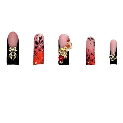 24Pcs Red French Tip Fake Nails Long Square Press on Nails pink Full Cover Glue on Nails with 3D Flower and Rhinestones Designs False Nails Gold Metallic Heart Acrylic Nails for Women