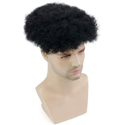 Afro Men's Toupee for African American Men Hairpiece 100% Human Hair 10x8inch Replacement Wig #1 Jet Black Color (All Swiss Lace Base, 1 Jet Black Color)
