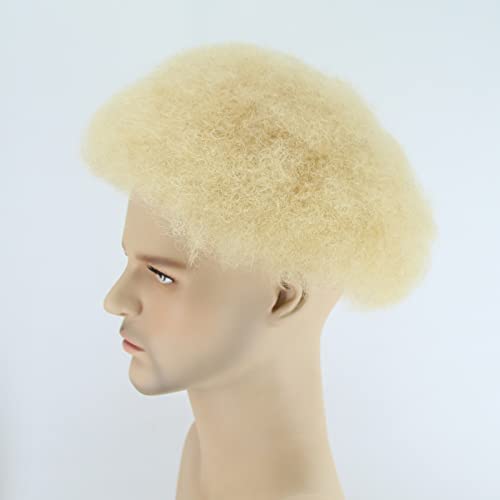 ZigZag Hair Blonde #613 Mix Brown Mens Toupee Fluffy Afro Curly Short Hair Full Lace Men's Wig 8x10inch Brazilian Human Hair Tight Afro Curly Men's Hair Systems Hairpiece (#613 Color, Full Lace)