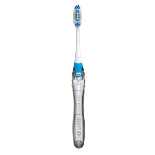 GUM Folding Travel Toothbrush, Compact Head + Tongue Cleaner, Soft Bristled Travel Toothbrushes for Adults, 2ct (Colors may vary)