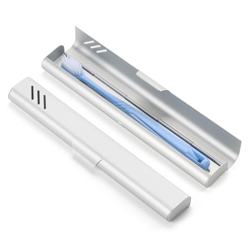 Travel Toothbrush Case, Portable Toothbrush Holder, Durable Aluminum Toothbrush Storage Box, Small Breathable Manual Toothbrush Container for Traveling, School, Camping, Business Trip - Sliver