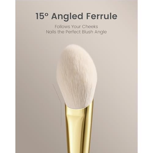 Desert Oak Series CM 160 Angled Blush Brush for Cheeks ? Ideal for Powder & Cream Blush, Golden Brass Ferrule, Ebana Bubinga Handle, Soft Nylon Bristles