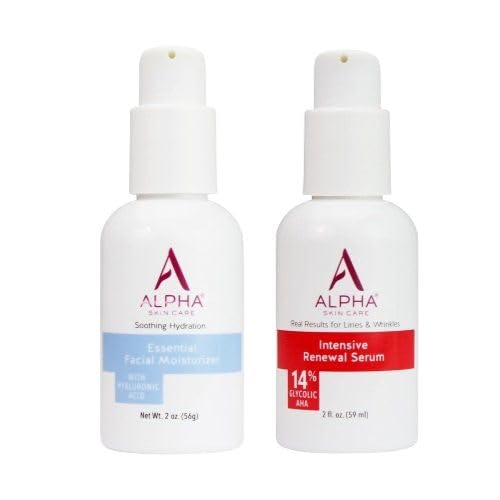 Alpha Skin Care Renewal Serum Concentrated with 14% Glycolic AHA and Alpha Skin Care Essential Facial Moisturizer with Hyaluronic Acid