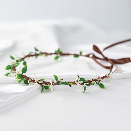 Handmade White Flower Crown Fairy Wreath Women Girls Flower Headband for Bridal Weeding Headdress Fairy Green Leaf Headpiece Cosplay Photo Prop