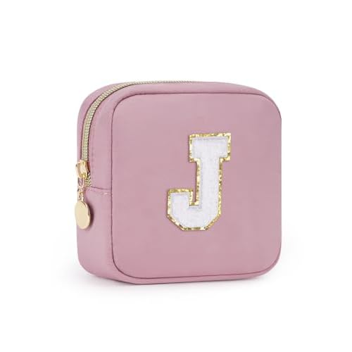 Wandering Nature Personalized Mini Initial Makeup Bag with Glitter Chenille Letter Patch, Small Preppy Makeup Bag with Slip-In Pockets, Ideal Gift for Valentine's Day Mother's Day (Patent Pending)