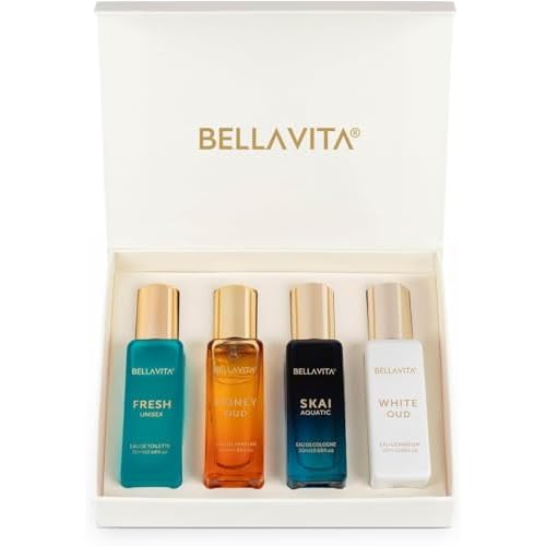 BellaVita Luxury Unisex Cologne Gift Set (4x20ml) | Fragrances Includes Honey OUD, SKAI, FRESH & White OUD | Travel Size Mini Perfumes & Spicy Vanilla Perfume Oil | Unisex Perfume for Women & Men